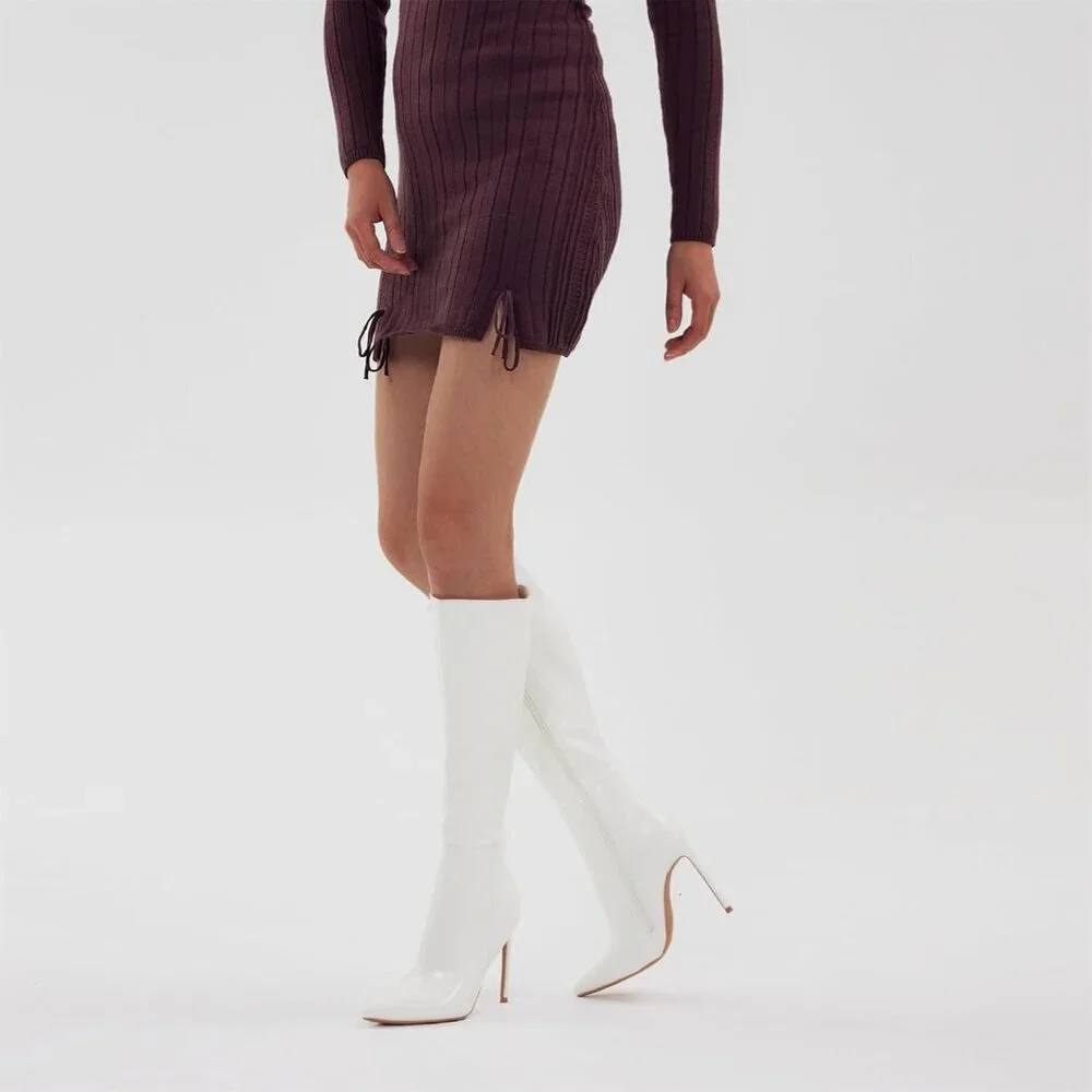 Women's White Leather Suede Knee High Stiletto Tall Pointed Toe Stylish Boot